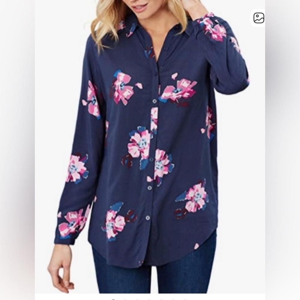Joules sz 12 Pink Blue Floral Navy Button-Up Blouse romantic soft girl feminine